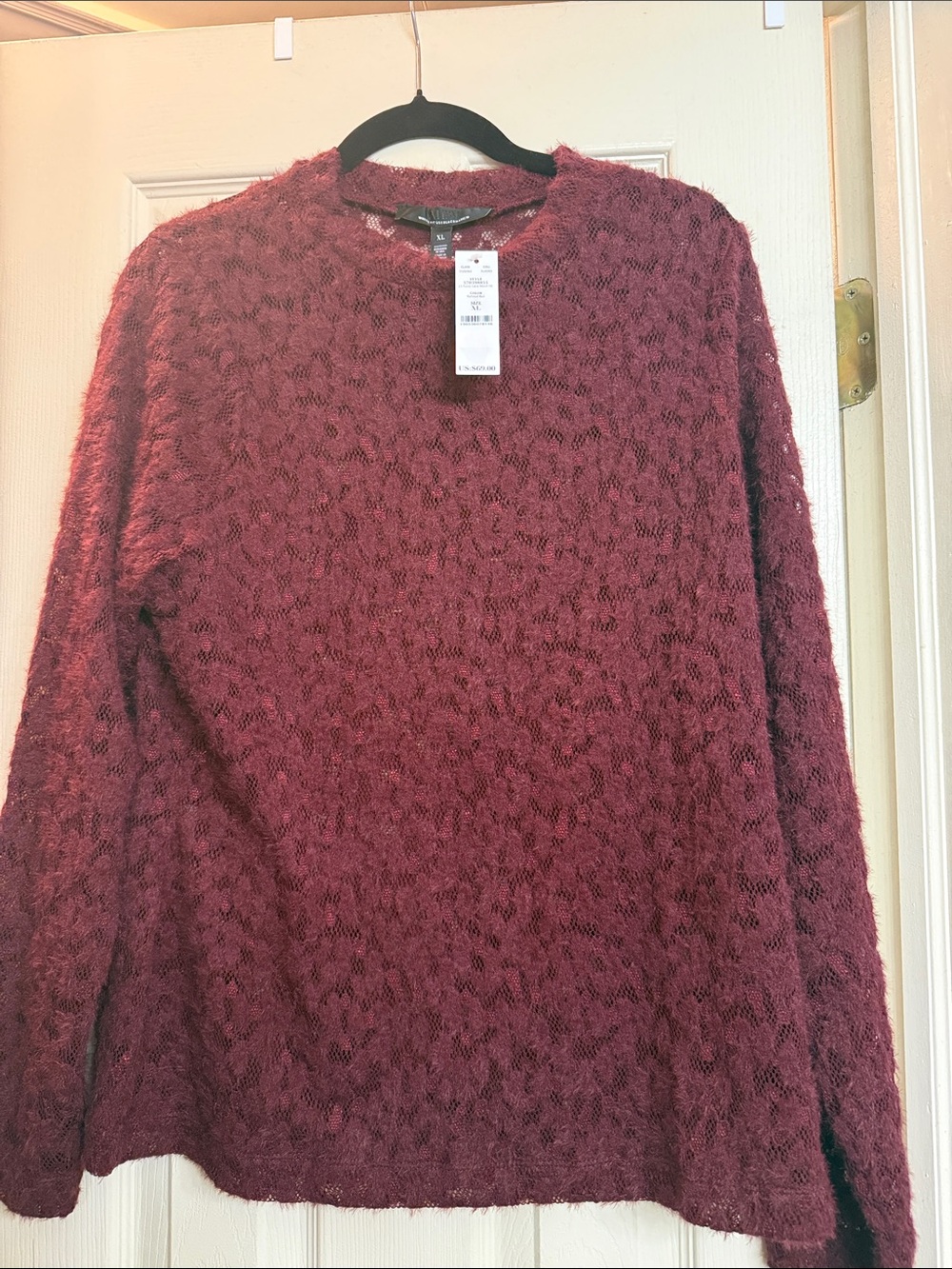 White House Black Market Women's Burgundy Fuzzy Lace Top